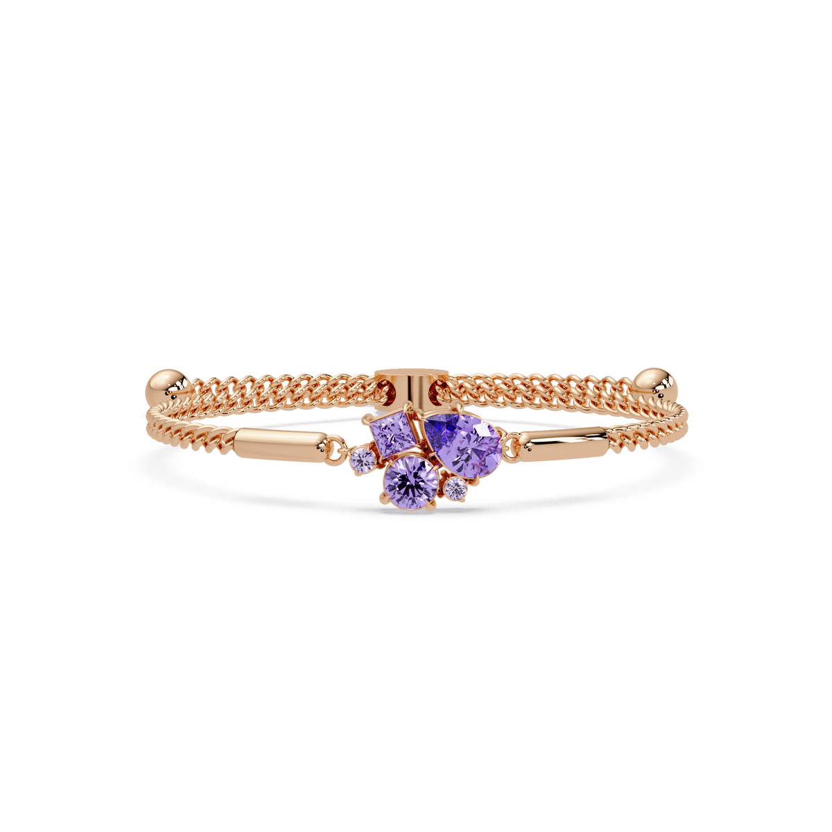 Mixed-cut five-stone colorstone open bangle with purple stones in rose gold