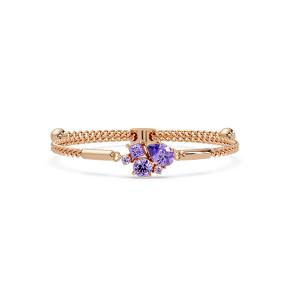 Mixed-cut five-stone colorstone open bangle with purple stones in rose gold