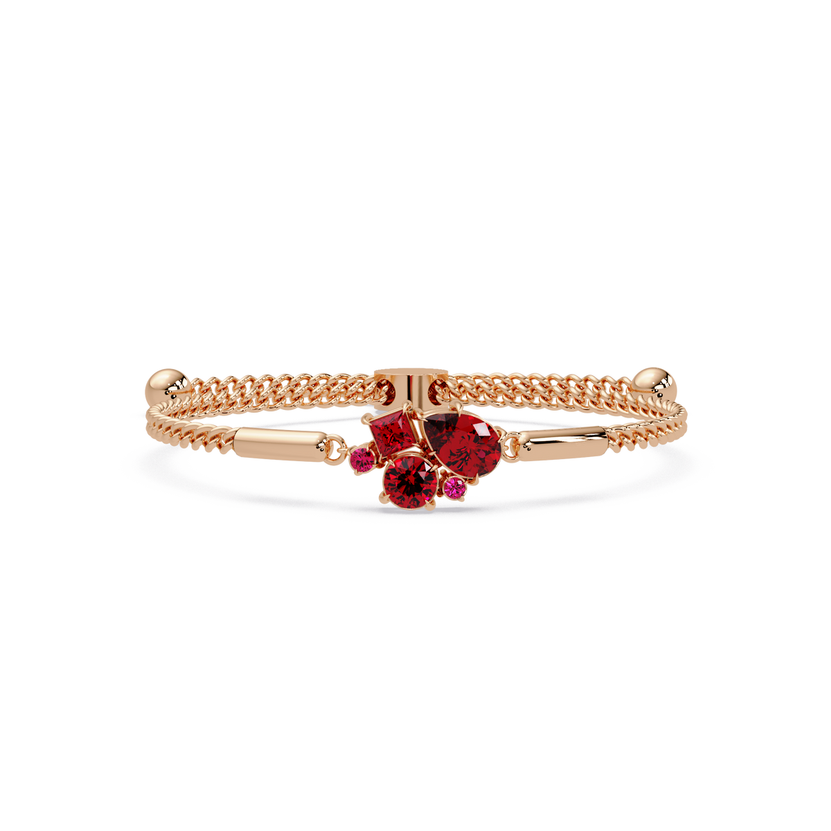 Mixed-cut five-stone colorstone open bangle with red stones in rose gold