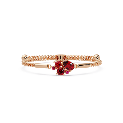 Mixed-cut five-stone colorstone open bangle with red stones in rose gold