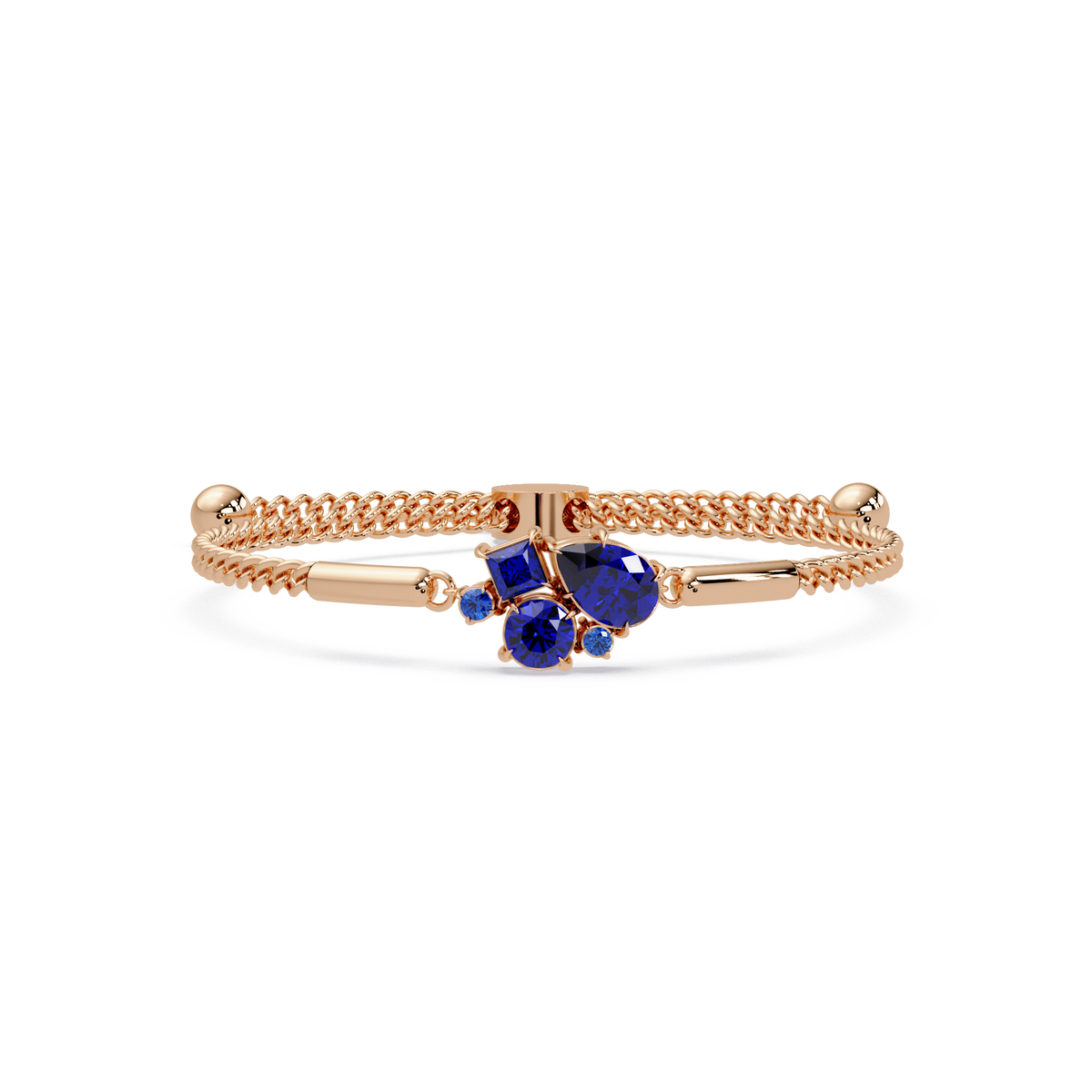 Mixed-cut five-stone colorstone open bangle with sapphire stones in rose gold