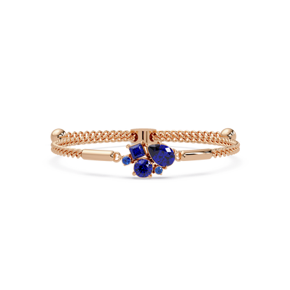 Mixed-cut five-stone colorstone open bangle with sapphire stones in rose gold