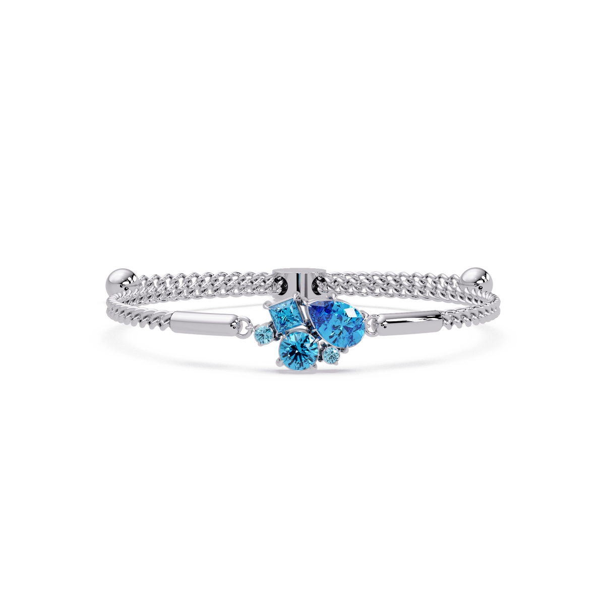 Mixed-cut five-stone colorstone open bangle with aquamarine stones in white gold