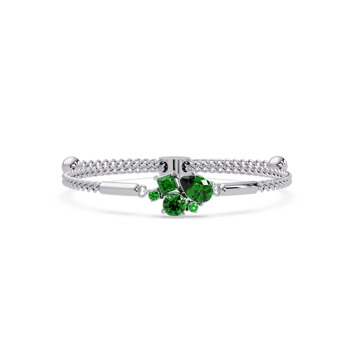 Mixed-cut five-stone colorstone open bangle with green stones in white gold