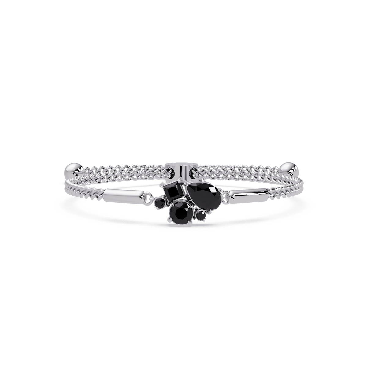 Mixed-cut five-stone colorstone open bangle with onyx stones in white gold