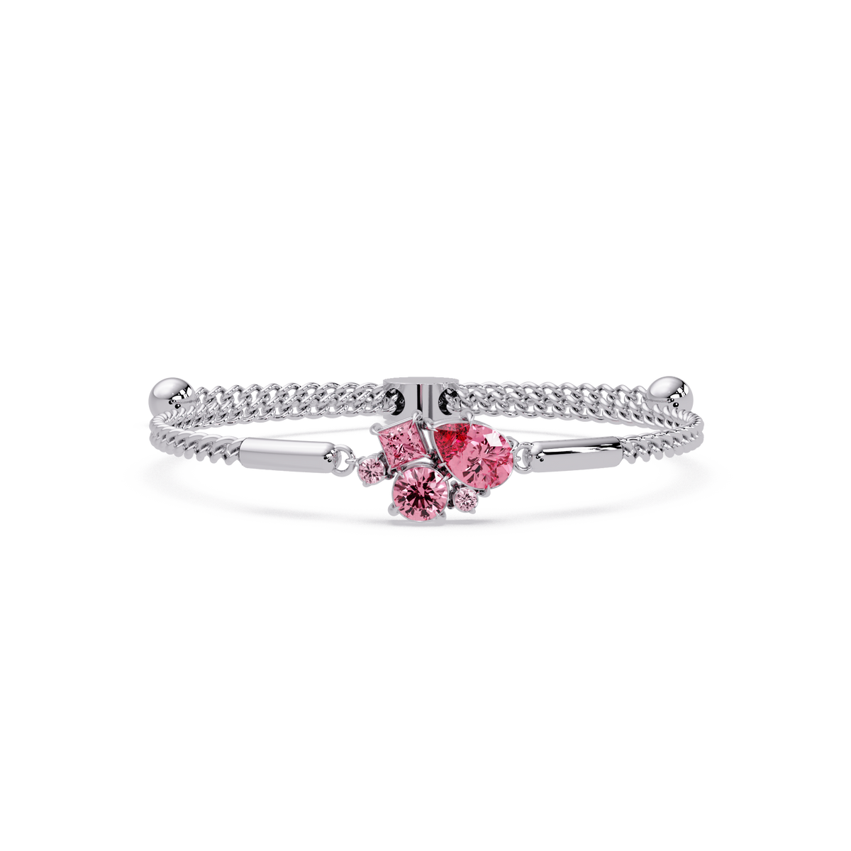 Mixed-cut five-stone colorstone open bangle with pink stones in white gold