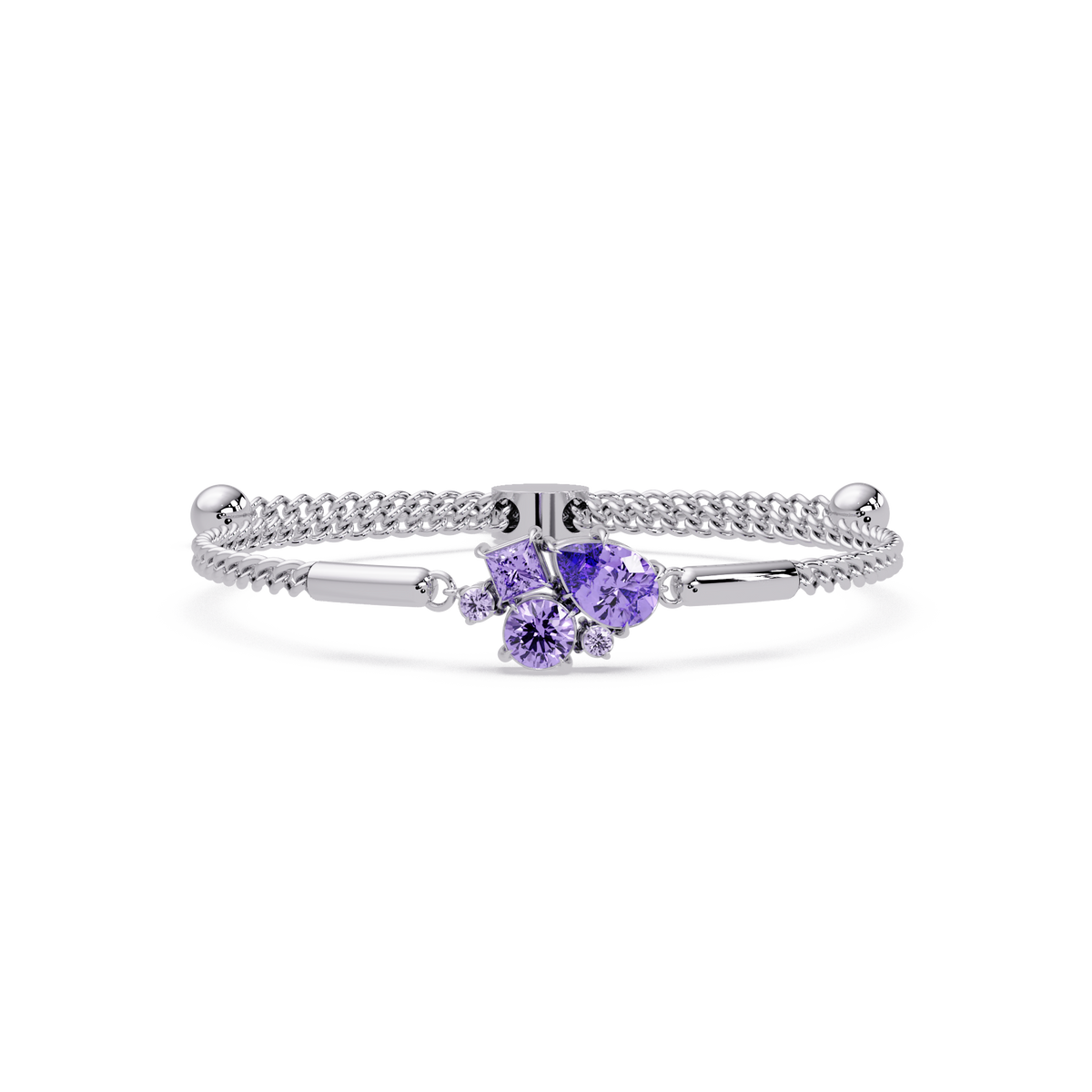 Mixed-cut five-stone colorstone open bangle with purple stones in white gold