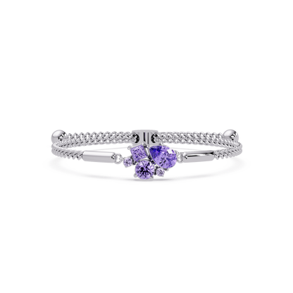 Mixed-cut five-stone colorstone open bangle with purple stones in white gold