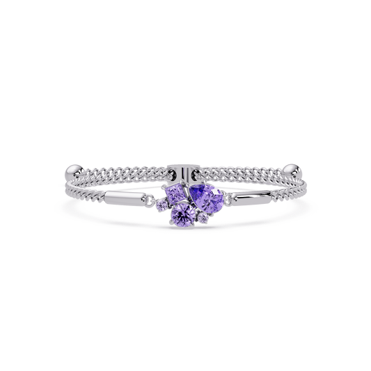 Mixed-cut five-stone colorstone open bangle with purple stones in white gold
