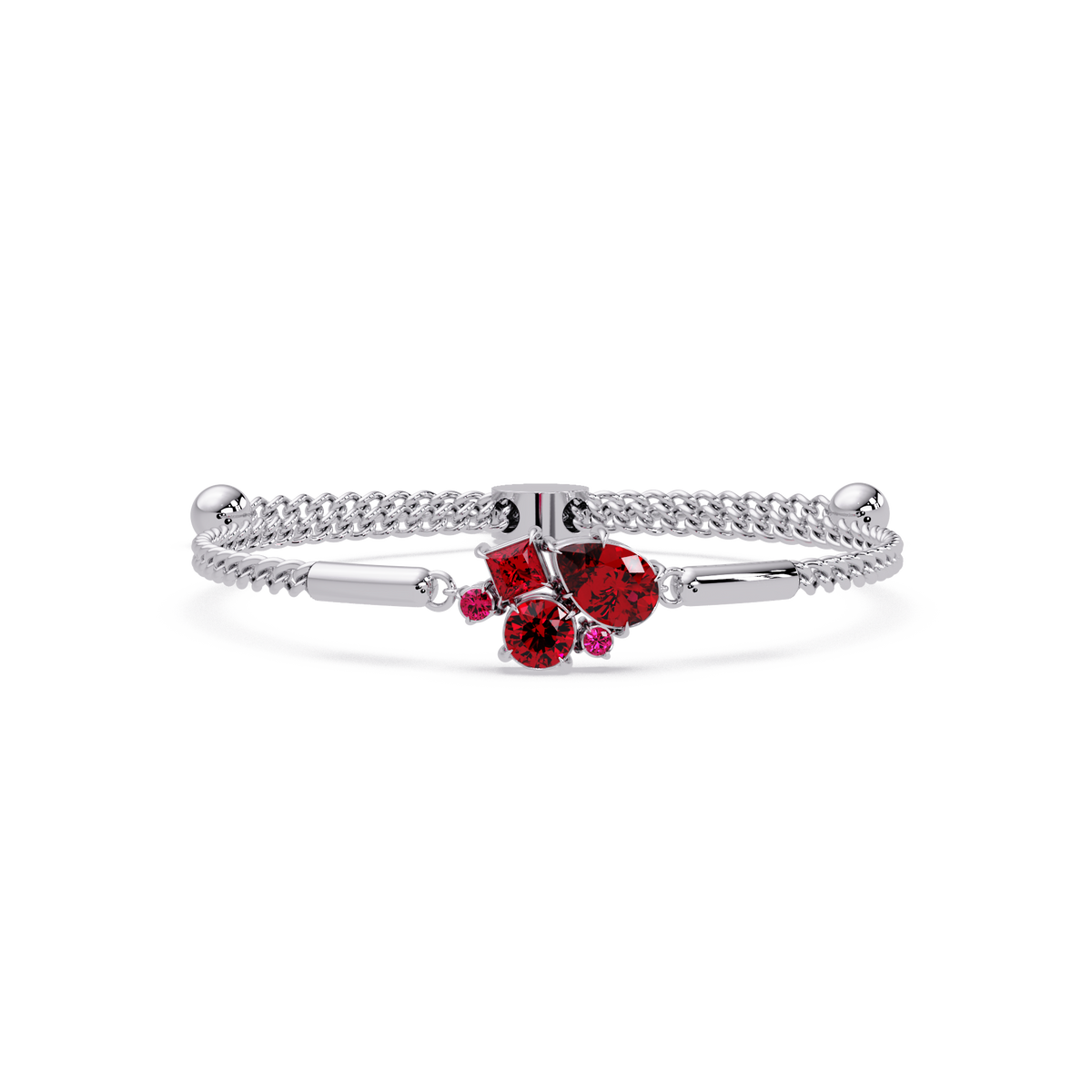 Mixed-cut five-stone colorstone open bangle with red stones in white gold