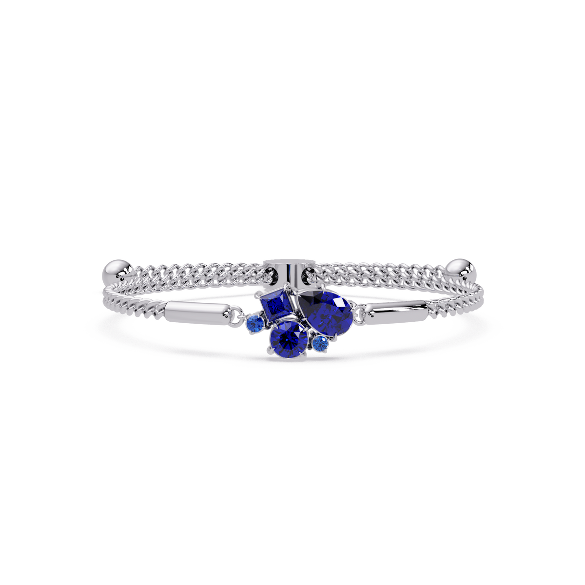 Mixed-cut five-stone colorstone open bangle with sapphire stones in white gold