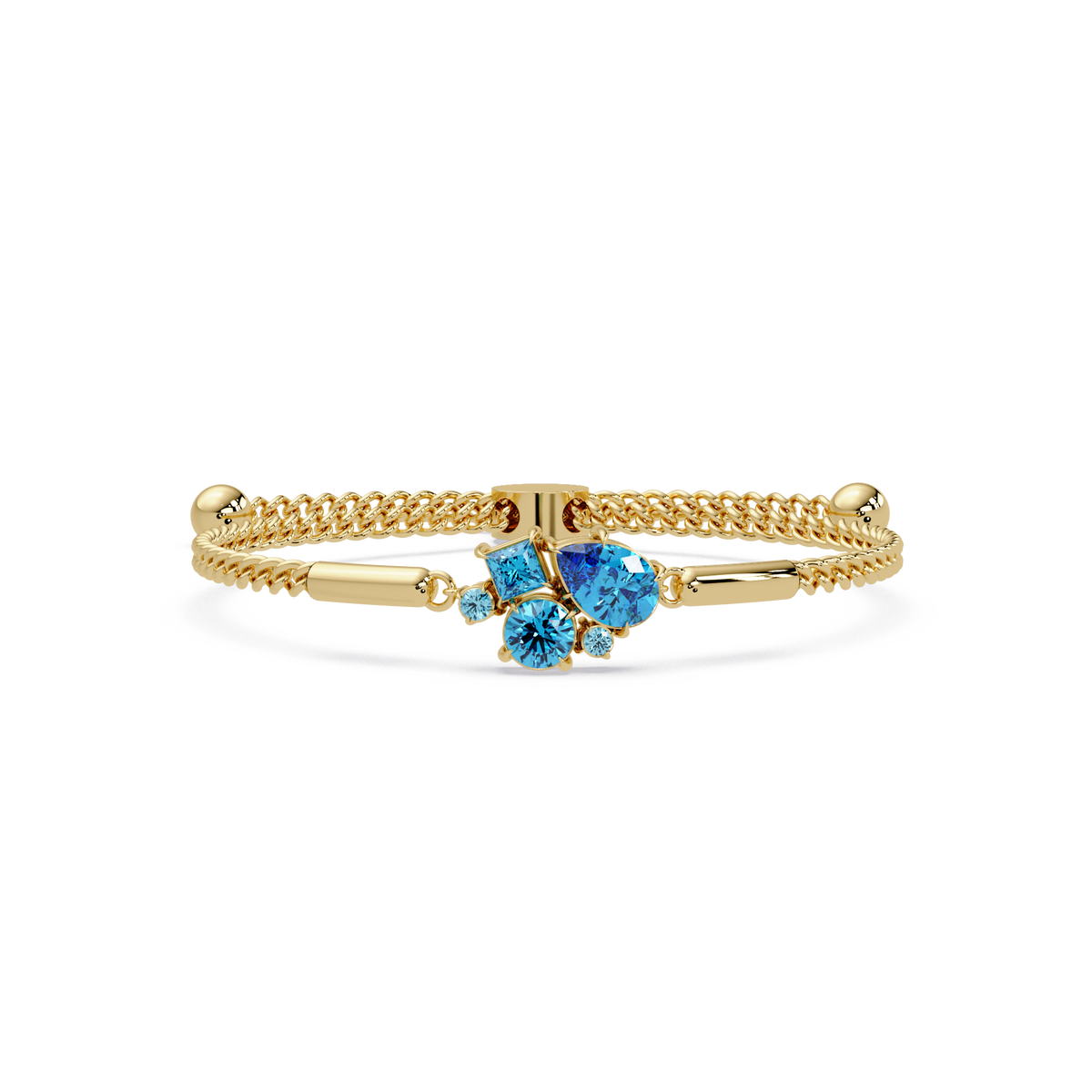 Mixed-cut five-stone colorstone open bangle with aquamarine stones in yellow gold