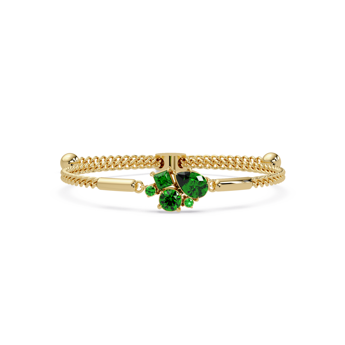 Mixed-cut five-stone colorstone open bangle with green stones in yellow gold