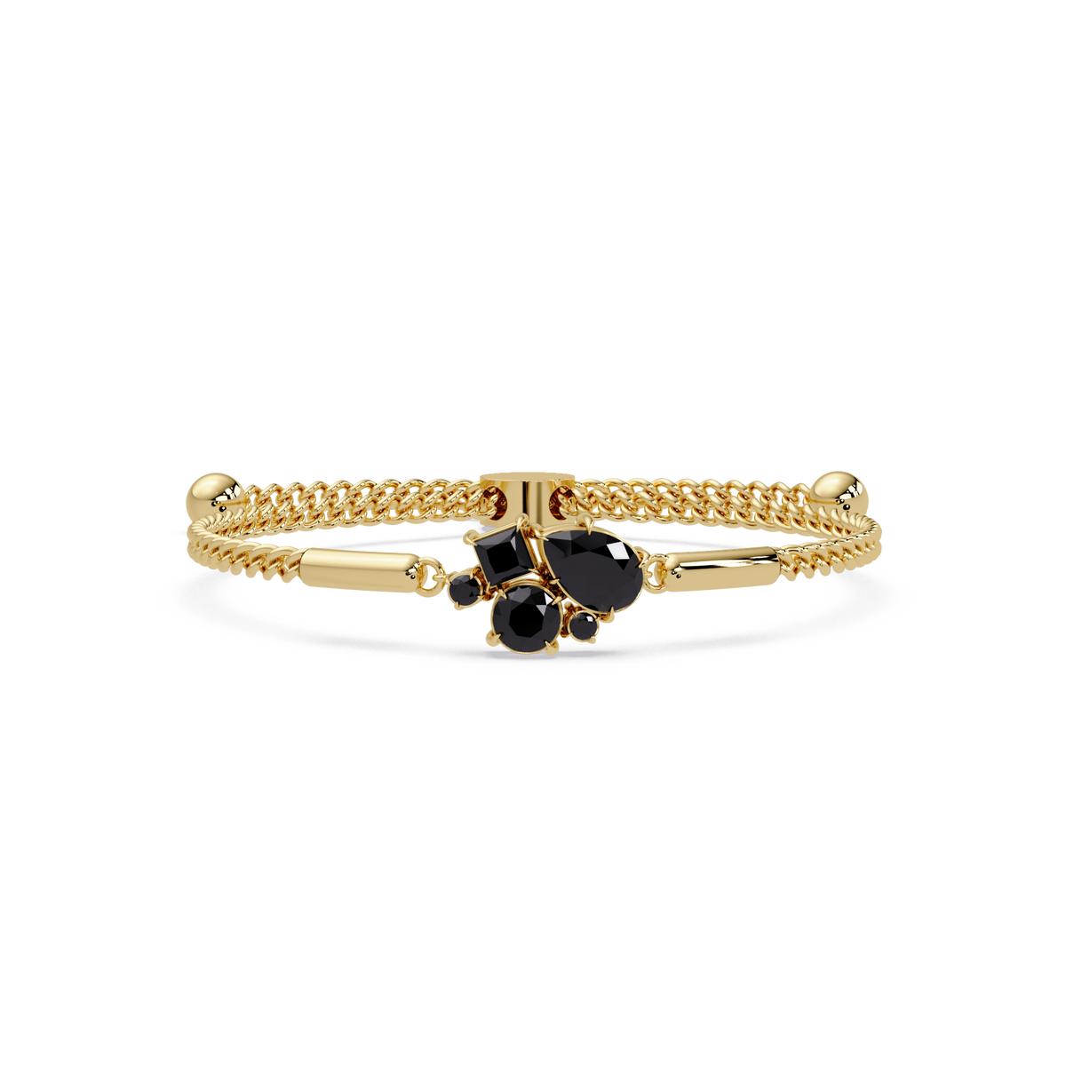 Mixed-cut five-stone colorstone open bangle with onyx stones in yellow gold
