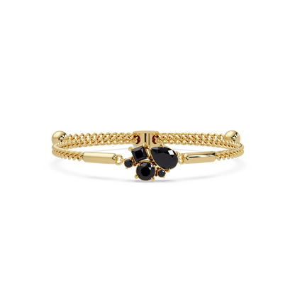 Mixed-cut five-stone colorstone open bangle with onyx stones in yellow gold