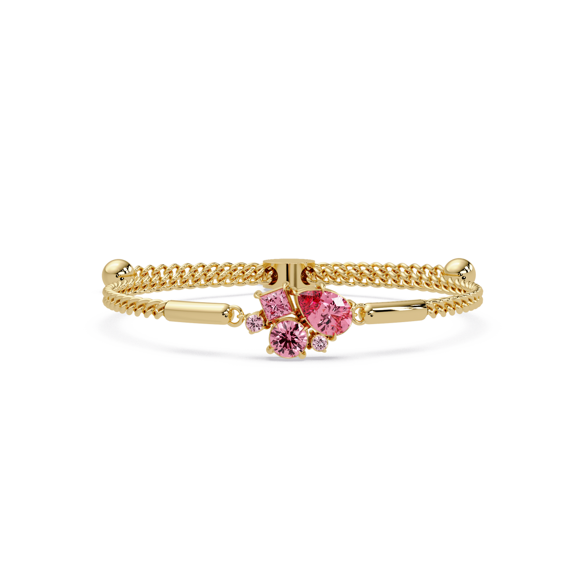Mixed-cut five-stone colorstone open bangle with pink stones in yellow gold