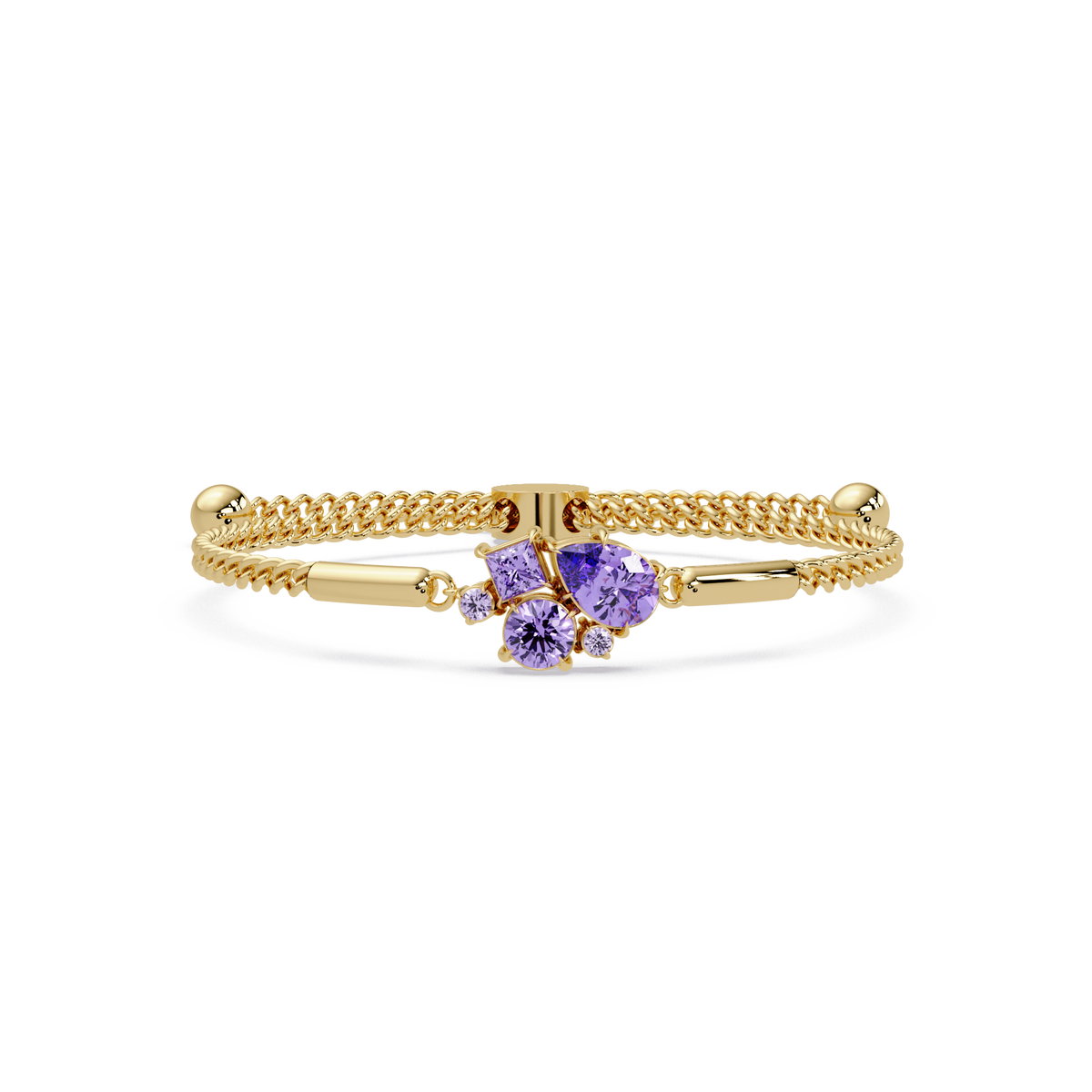 Mixed-cut five-stone colorstone open bangle with purple stones in yellow gold