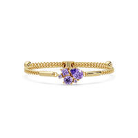 Mixed-cut five-stone colorstone open bangle with purple stones in yellow gold