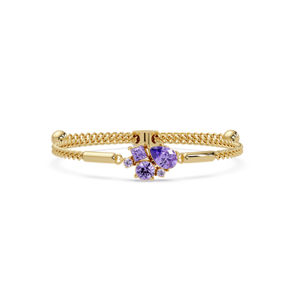 Mixed-cut five-stone colorstone open bangle with purple stones in yellow gold