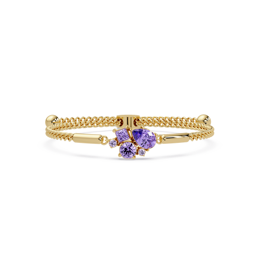 Mixed-cut five-stone colorstone open bangle with purple stones in yellow gold