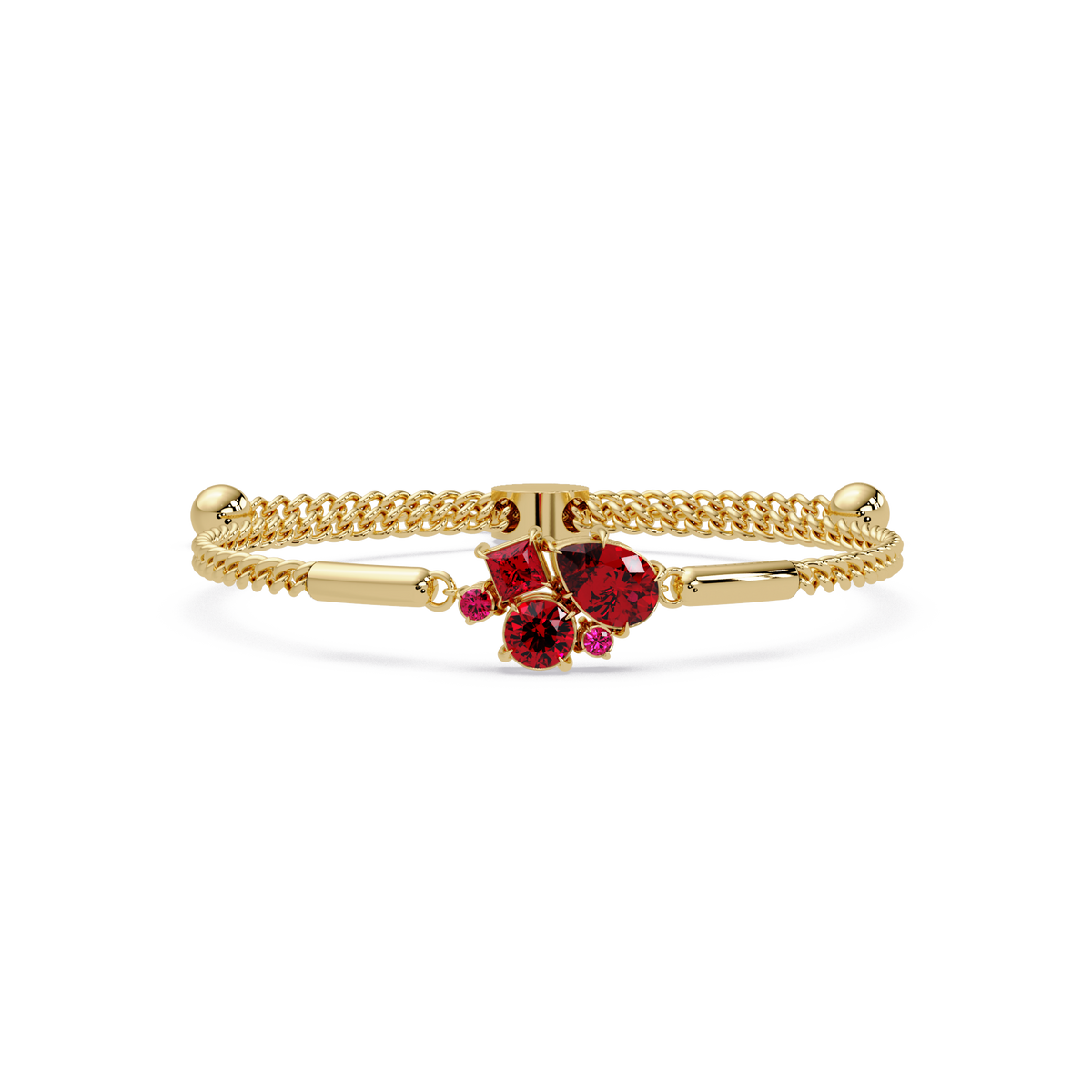 Mixed-cut five-stone colorstone open bangle with red stones in yellow gold