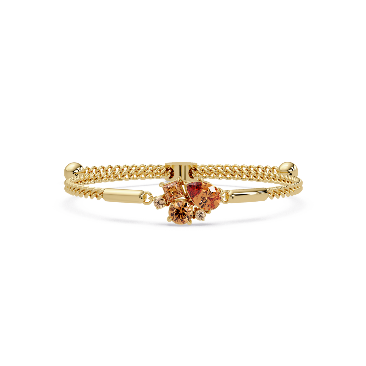 Mixed-cut five-stone colorstone open bangle with topaz stones in yellow gold
