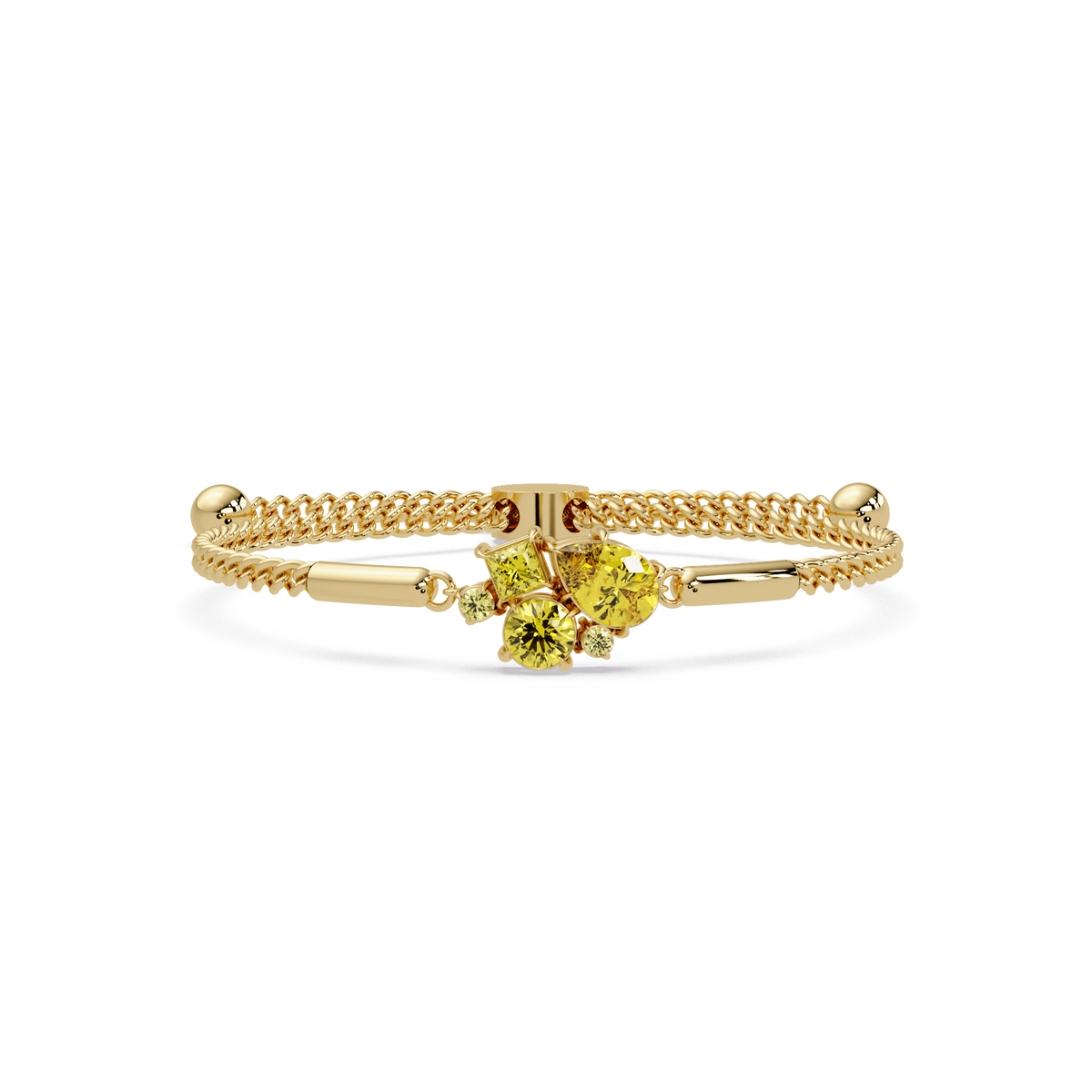Mixed-cut five-stone colorstone open bangle with yellow stones in yellow gold