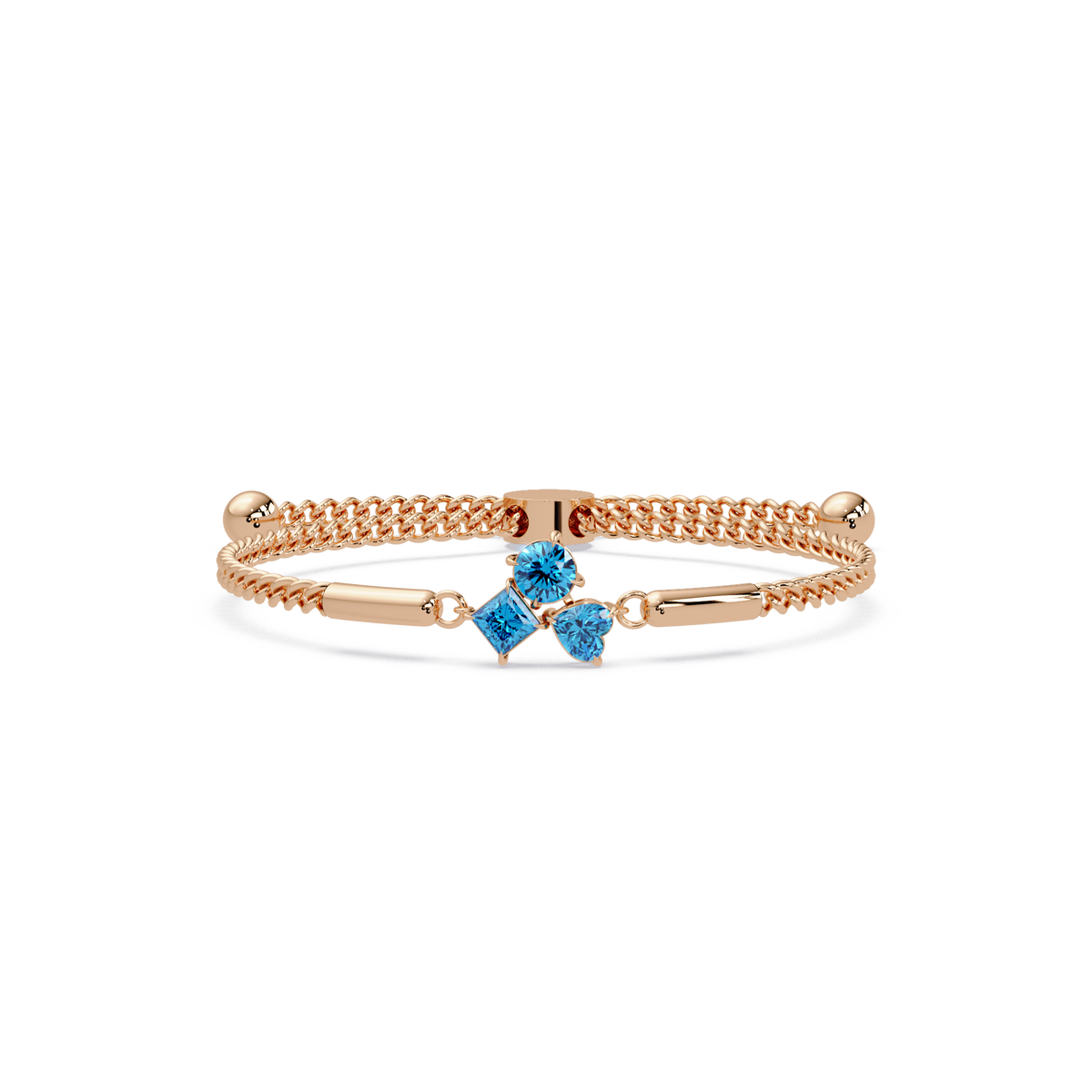 Three-stone lab-grown colorstone adjustable chain bracelet with aquamarine blue stones in rose gold