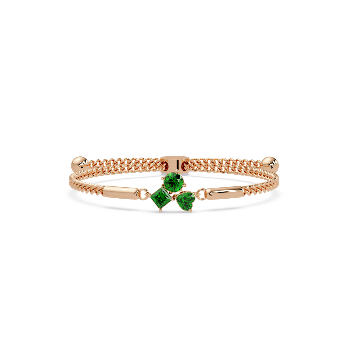 Three-stone lab-grown colorstone adjustable chain bracelet with emerald green stones in rose gold