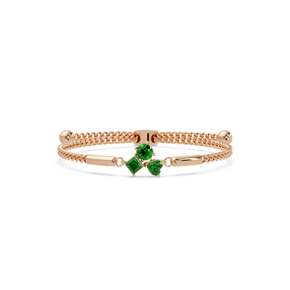 Three-stone lab-grown colorstone adjustable chain bracelet with emerald green stones in rose gold