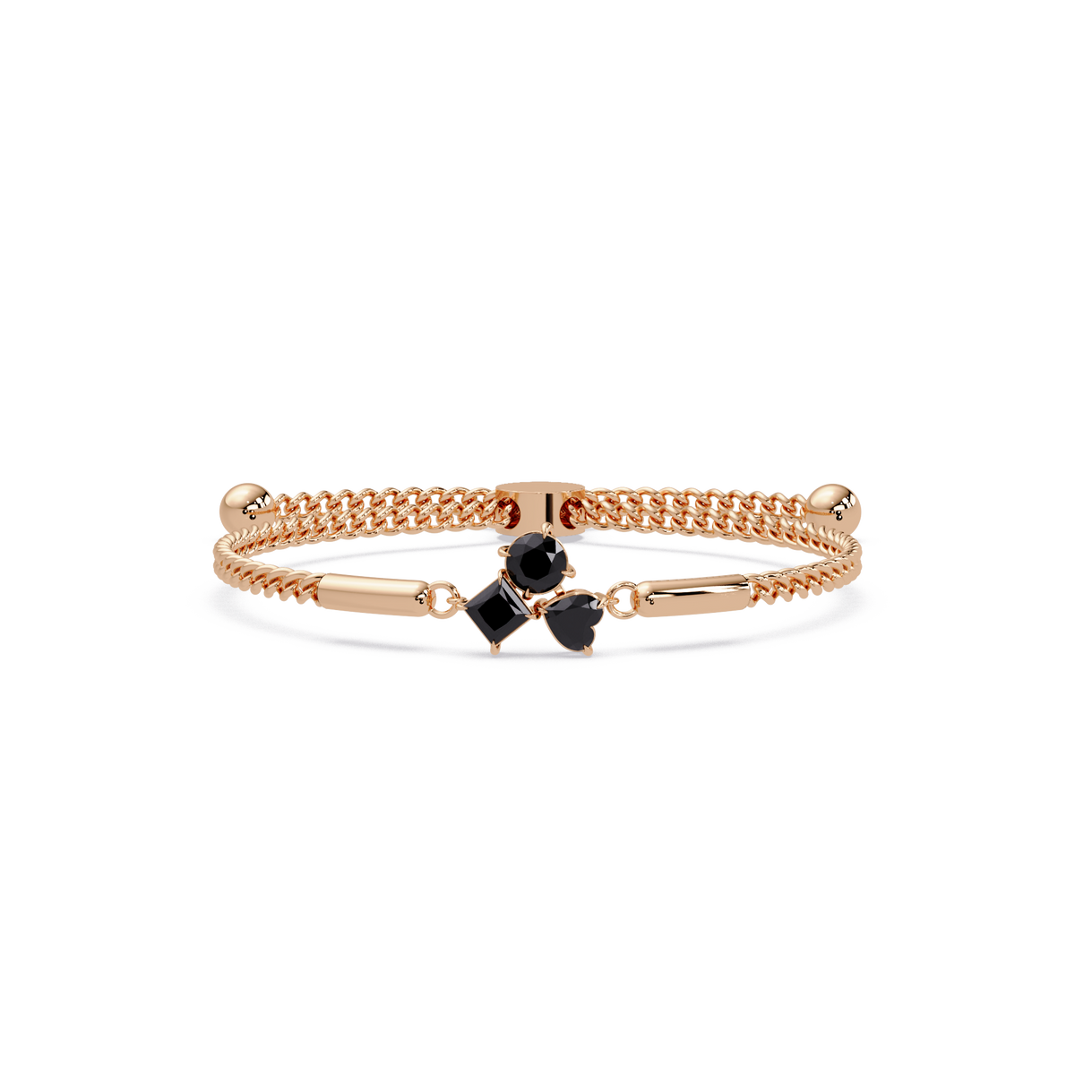Three-stone lab-grown colorstone adjustable chain bracelet with onyx stones in rose gold