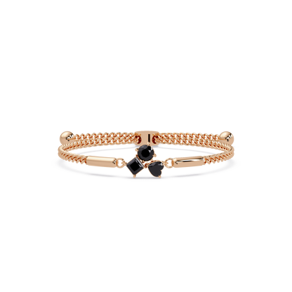Three-stone lab-grown colorstone adjustable chain bracelet with onyx stones in rose gold