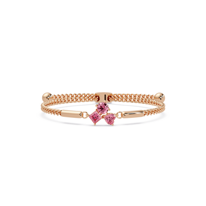 Three-stone lab-grown colorstone adjustable chain bracelet with tourmaline pink stones in rose gold