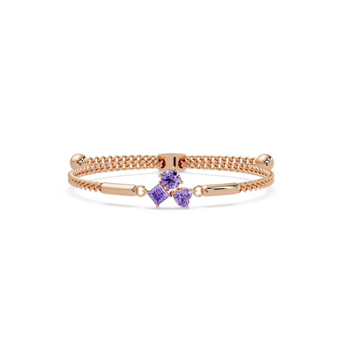 Three-stone lab-grown colorstone adjustable chain bracelet with amethyst purple stones in rose gold
