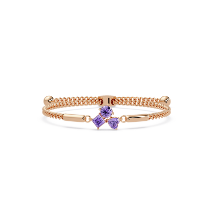 Three-stone lab-grown colorstone adjustable chain bracelet with amethyst purple stones in rose gold