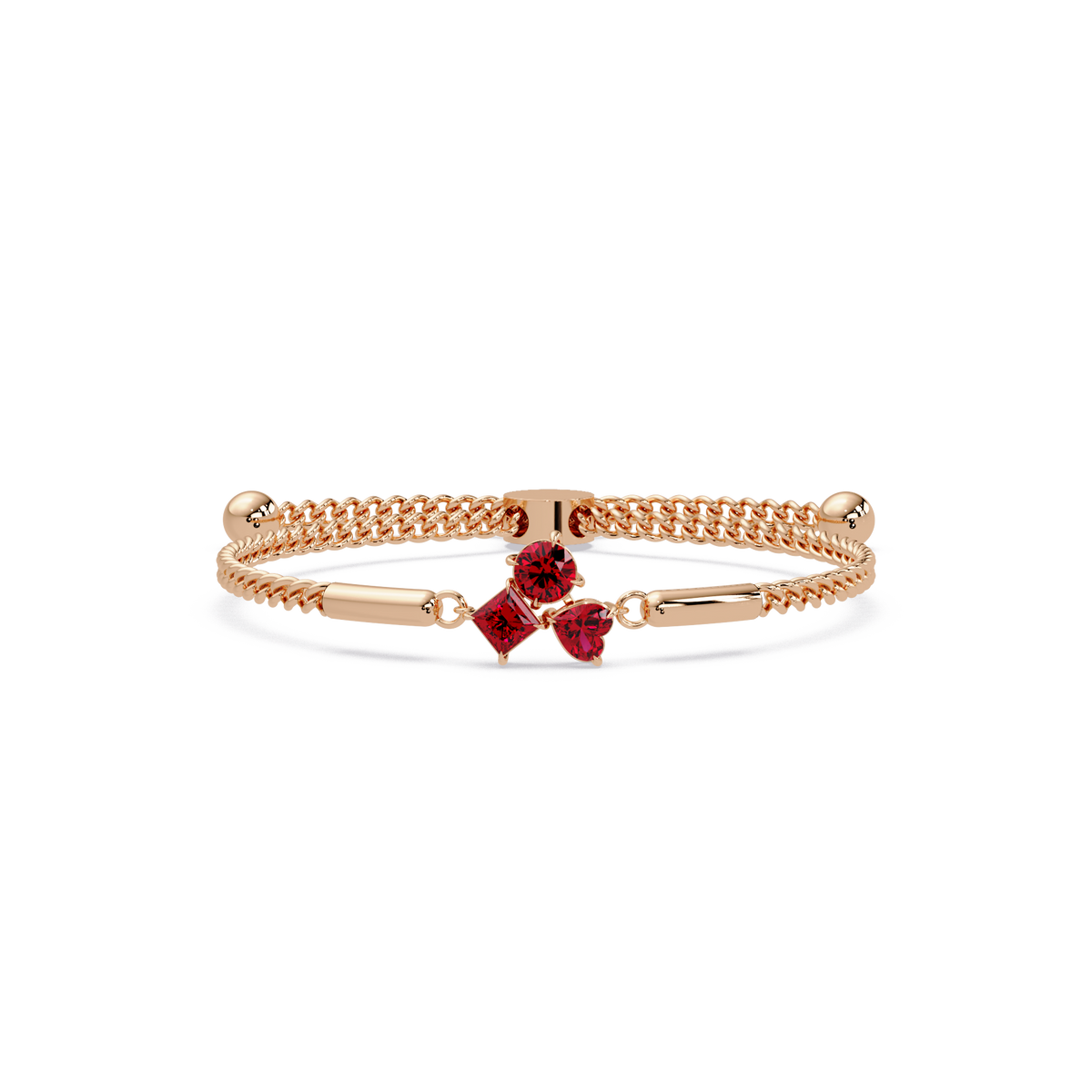 Three-stone lab-grown colorstone adjustable chain bracelet with ruby red stones in rose gold