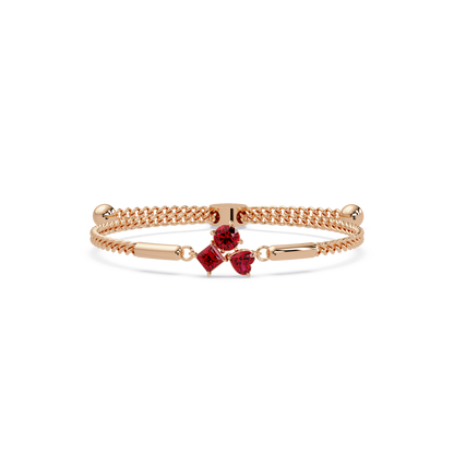Three-stone lab-grown colorstone adjustable chain bracelet with ruby red stones in rose gold