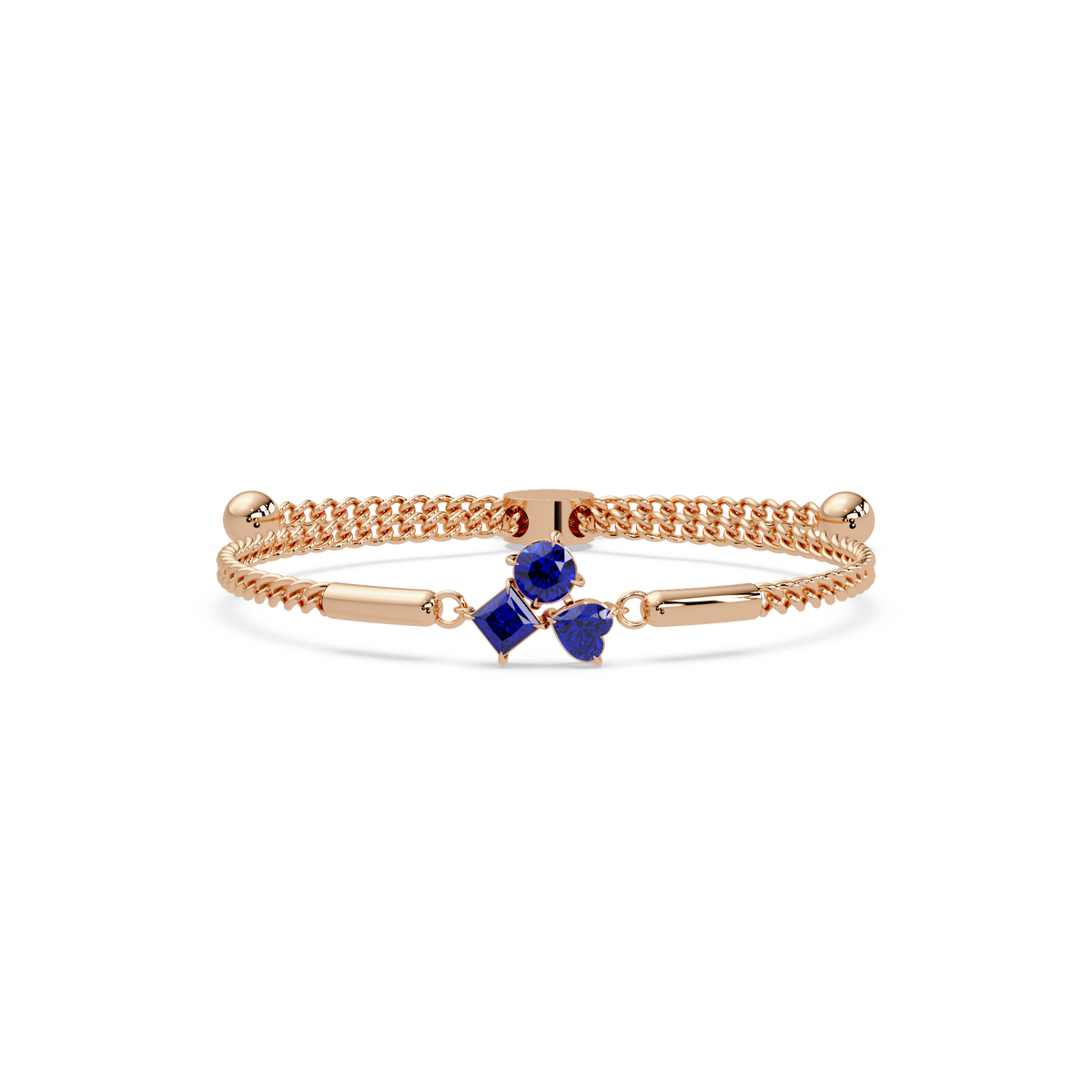 Three-stone lab-grown colorstone adjustable chain bracelet with sapphire blue stones in rose gold