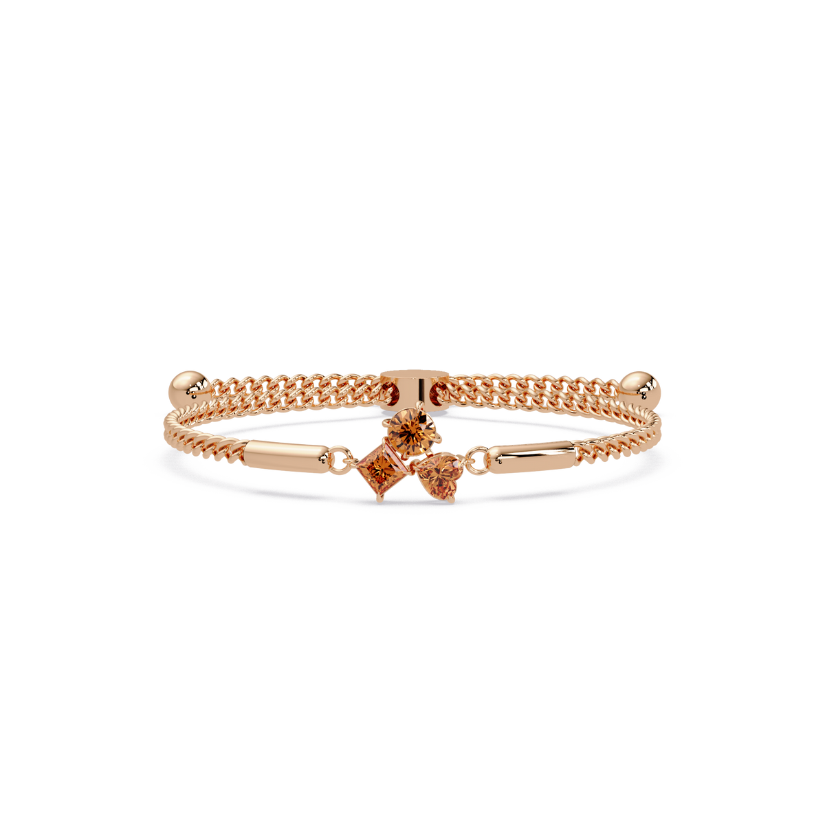 Three-stone lab-grown colorstone adjustable chain bracelet with champagne topaz stones in rose gold