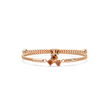 Three-stone lab-grown colorstone adjustable chain bracelet with champagne topaz stones in rose gold