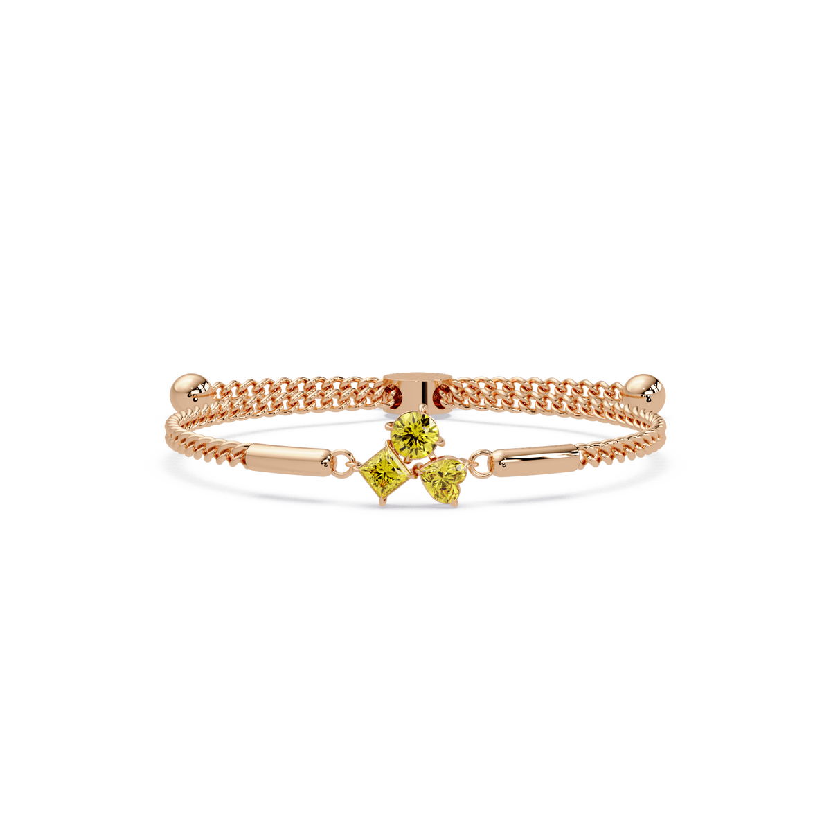 Three-stone lab-grown colorstone adjustable chain bracelet with citrine yellow stones in rose gold