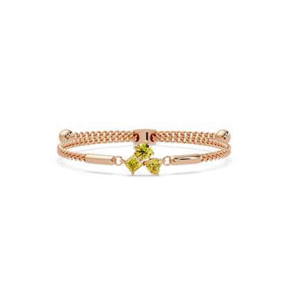 Three-stone lab-grown colorstone adjustable chain bracelet with citrine yellow stones in rose gold