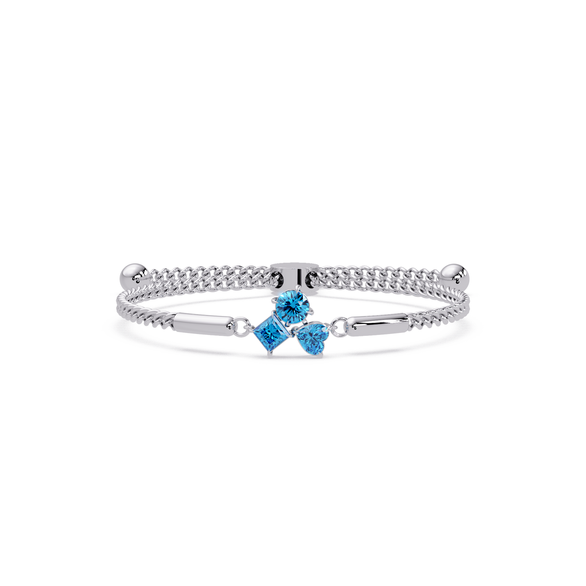 Three-stone lab-grown colorstone adjustable chain bracelet with aquamarine blue stones in white gold