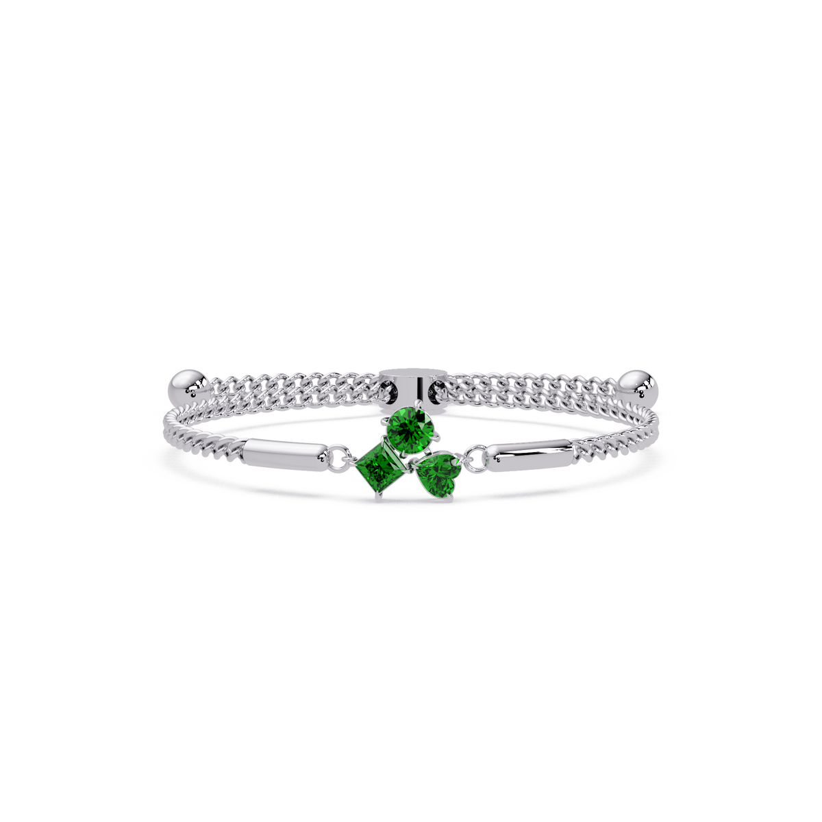 Three-stone lab-grown colorstone adjustable chain bracelet with emerald green stones in white gold