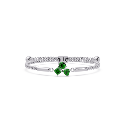 Three-stone lab-grown colorstone adjustable chain bracelet with emerald green stones in white gold