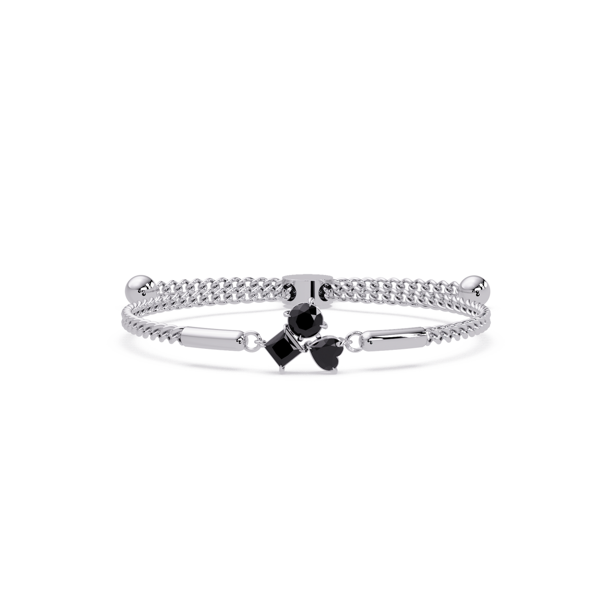 Three-stone lab-grown colorstone adjustable chain bracelet with onyx stones in white gold