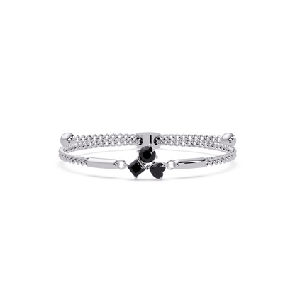 Three-stone lab-grown colorstone adjustable chain bracelet with onyx stones in white gold