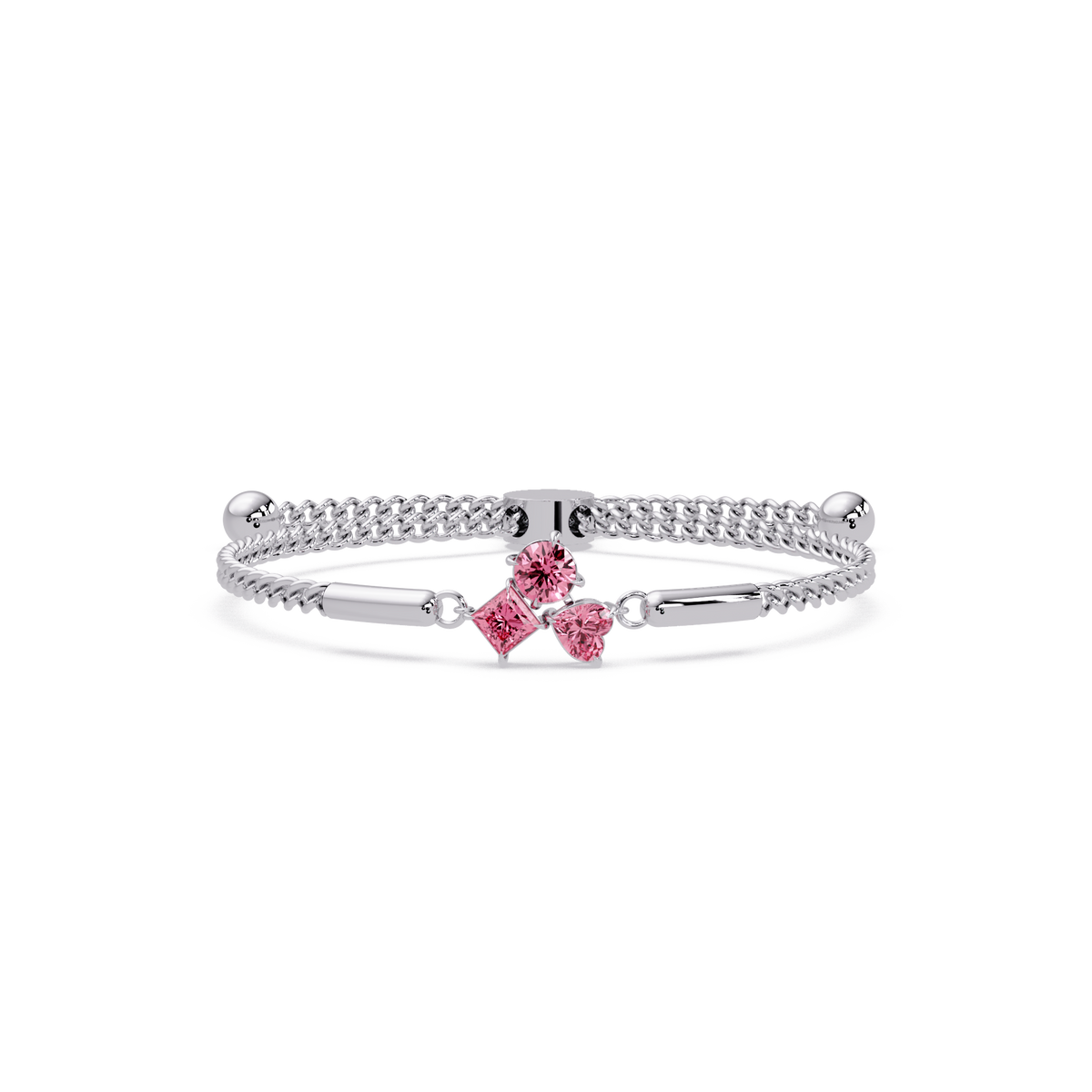 Three-stone lab-grown colorstone adjustable chain bracelet with tourmaline pink stones in white gold