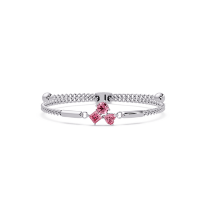 Three-stone lab-grown colorstone adjustable chain bracelet with tourmaline pink stones in white gold