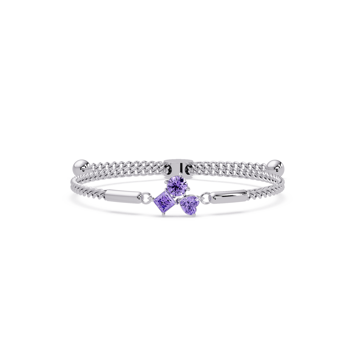 Three-stone lab-grown colorstone adjustable chain bracelet with amethyst purple stones in white gold